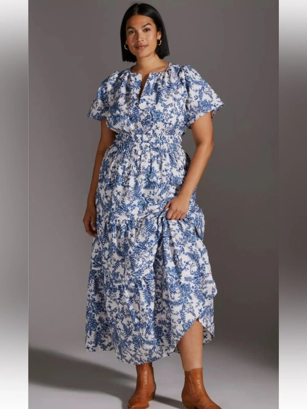 Anthropologie White and Blue Floral Somerset Tiered Maxi Dress